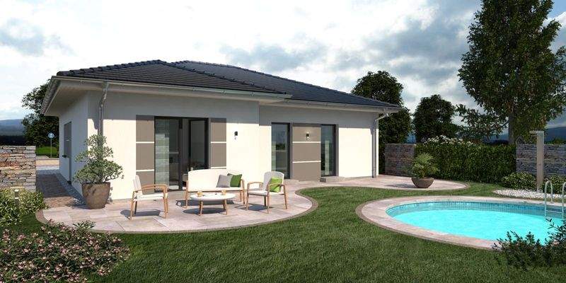  Lifetime vier mit Walmdach Gartenansicht Morgens
