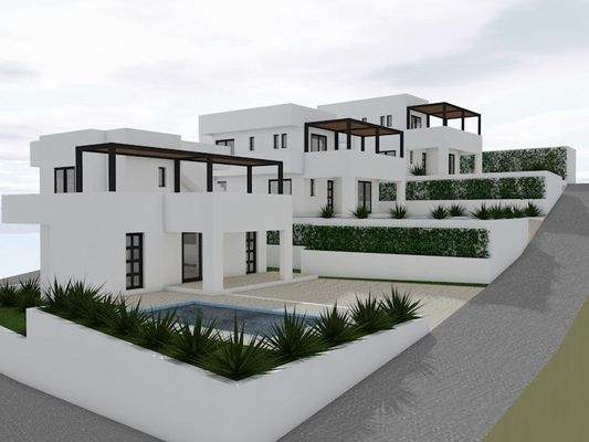 Kreta, Agia Triada: Grundstück mit Baugenehmigung für 3 zweistöckige Häuser mit Swimmingpool zu verkaufen