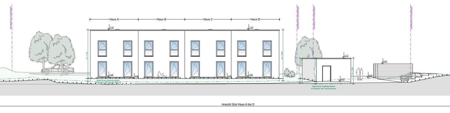 Reihenhauswohnungen Gesamtansicht Haus A - D (Süden)