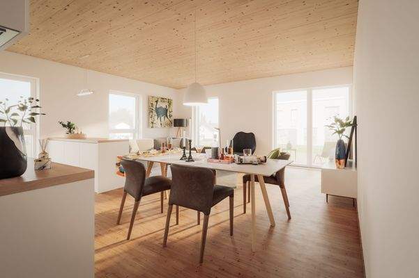 Lichtdurchflutetes Wohnzimmer mit Holzdecke