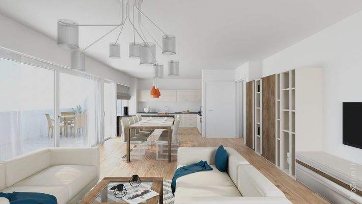 Wohn- und Esszimmer mit offenem Küchenbereich