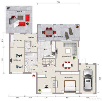 Grundriss Erdgeschoss (nicht maßstabsgerecht, Möblierungsbeispiel)