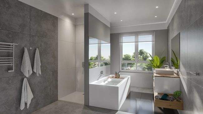 Bad mit Dusche Badewanne und Fenster