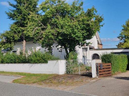 Gartentor mit Zufahrt zur Garage