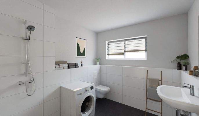 Tageslichtbad mit Badewanne und bodengleicher Dusc