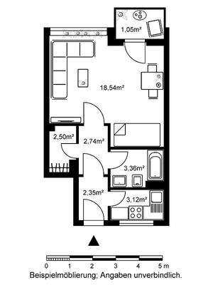 Grundriss mit Raumaufteilung und Beispielmöblierung