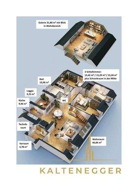 3D Rendering Wohnebene + Galerie