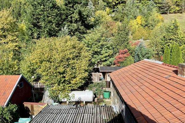 Blick auf den oberen Grundstücksteil mit Gartenhäuschen und Terrasse