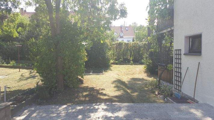 Blick vom seitlichen Hauseingang in den Garten