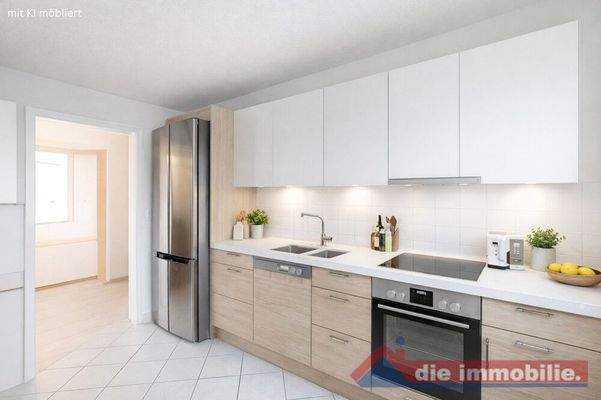 Alltagstaugliche Küche mit Platz für Kochen und kleine Esslösung - mit KI möbliert