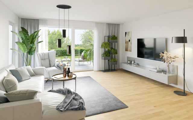 Helles Wohnzimmer mit Zugang zur Sonnenterrasse