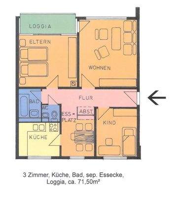 Grundriss mit Wohnzimmer, Kinder- und Schlafzimmer, Küche mit Essplatz, Bad, WC und Loggia