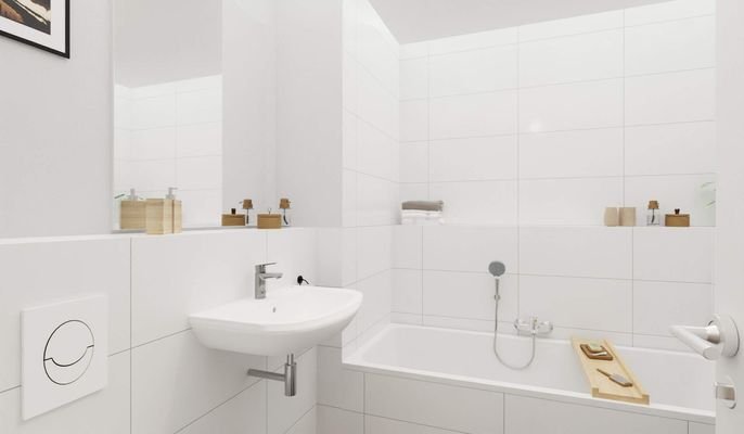 Modern gefliestes Badezimmer mit Badewanne