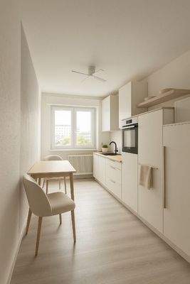 Offener Küchenraum mit Zugang zum Balkon