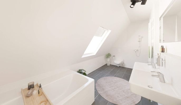 Modernes Tageslichtbad mit bodengleicher Dusche und Badewanne