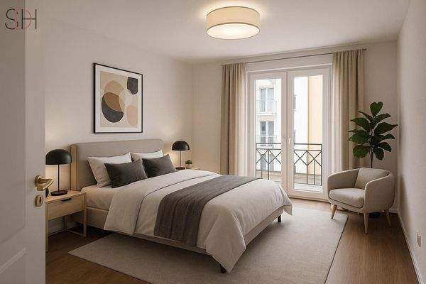 Schlafzimmer mit Zugang zum Balkon (ohne Möbel und Deko)
