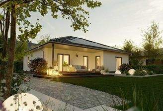 Town&Country Haus Winkelbungalow 108 Gartenansicht abends Sonnenuntergang gemütlich
