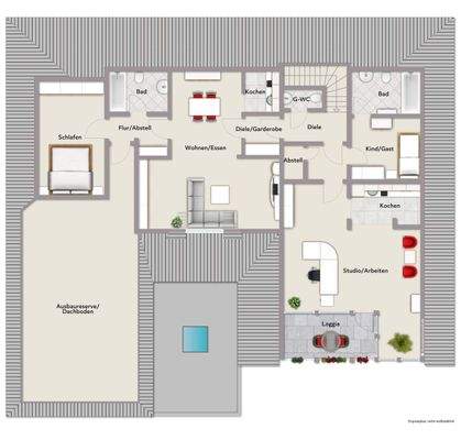 Grundriss Dachgeschoss (nicht maßstabsgerecht, Möblierungsbeispiel)
