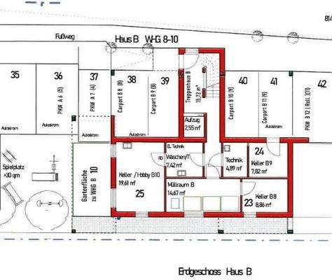 Haus B; EG mit Kellerräumen, KFZ-Plätzen, etc.