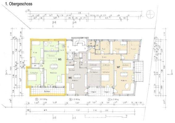 Grundriss 1. OG (Wohnung Nr. 5 markiert)