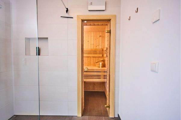 Modernes Duschbad im Erdgeschoss mit Sauna und Walk-in-Dusche