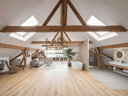 Innendarstellung mit Einrichtungsbeispiel zur Veranschaulichung - W06_Attika - rendering interno con proposta di arredamento a solo scopo illustrativo