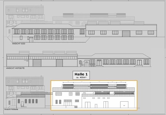 Halle 1 (ca 400m²), Außenansicht (Zeichnung 1)