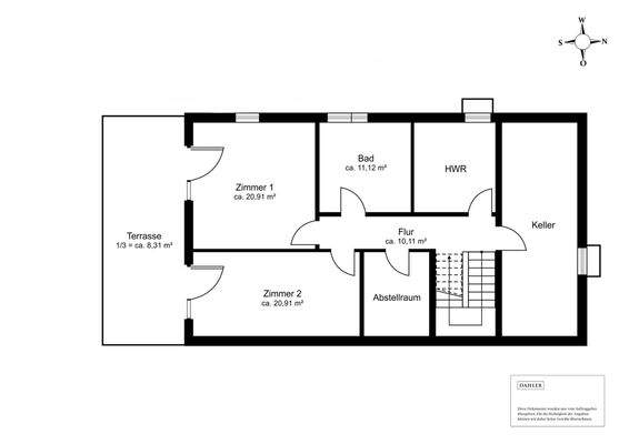 Untergeschoss mit 2 Schlafzimmern, separatem Bad und Terrasse, sowie rückseitigem Keller