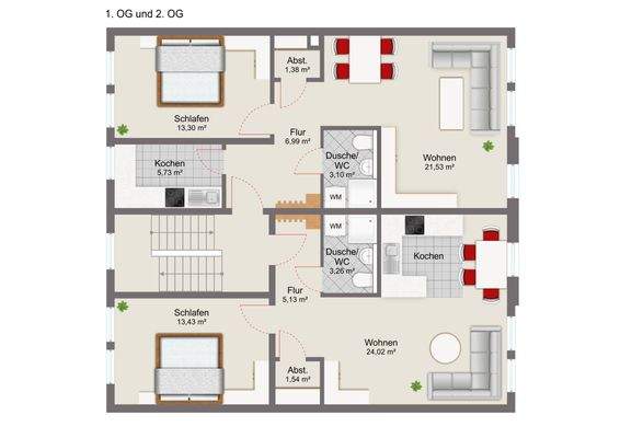 schematische Grundrissdarstellung 1. OG und 2. OG mit Einrichtungsbeispiel