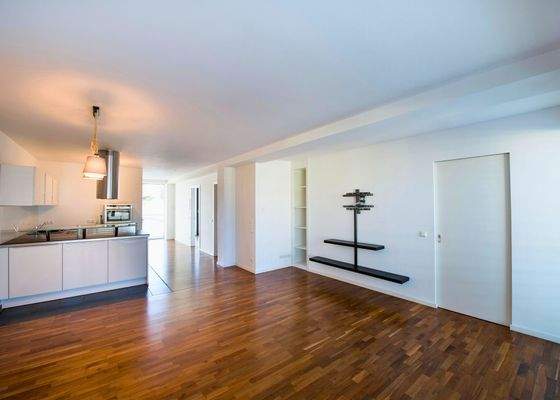 Wohnzimmer mit Blick auf Küche und Flur