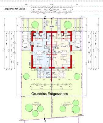 Grundrisse EG mit Außenanlagen, DHH 1+2