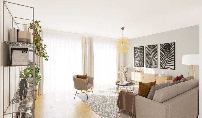 Bodentiefe Fenster erleuchten das Wohnzimmer