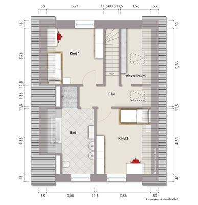 EFH2: Grundriss Dachgeschoss (nicht maßstabsgerecht, Möblierungsbeispiel)