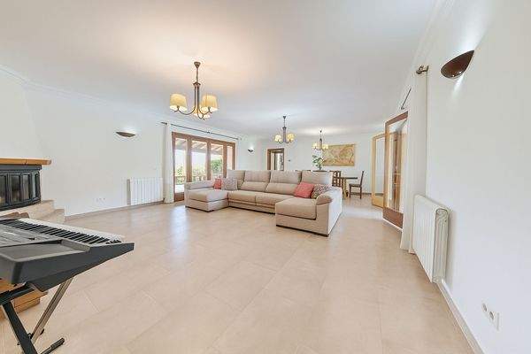 Großzügiger Wohnbereich mit Kamin und Zugang zu zwei Terrassen