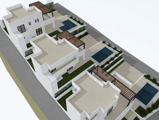 Kreta, Agia Triada: Grundstück mit Baugenehmigung für 3 zweistöckige Häuser mit Swimmingpool zu verkaufen