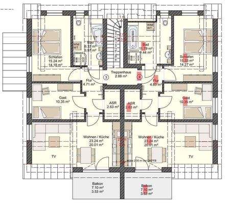 Grundriss Whg.4, DGli rot markiert 