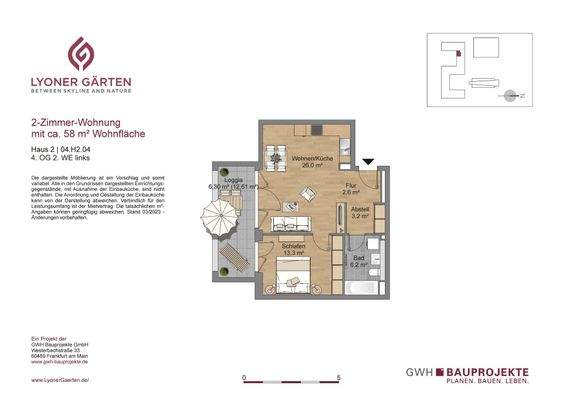 Grundriss mit Flur (2,9 m²), Bad (6,2 m²), kombinierter Wohn- und Kochbereich (26,0 m²), Abstellbereich (3,2 m²), Schlafzimmer (13,3 m²) und Loggia (6,3 m²)