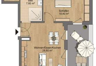 Grundriss Bad 7,60m², Abstellraum 2,30 m², Schlafzimmer 18,40 m², offene Wohnküche 28,60 m², Dachterrasse 13,40 m²  