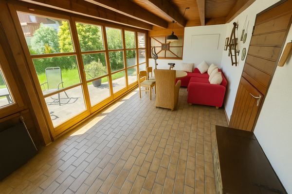 Lichtdurchfluteter Wintergarten mit Gartenblick