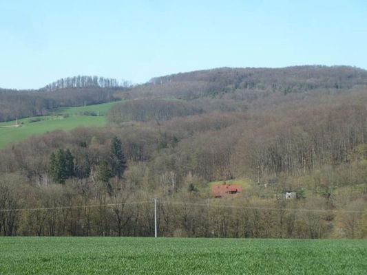 Blick auf Haus übers Tal