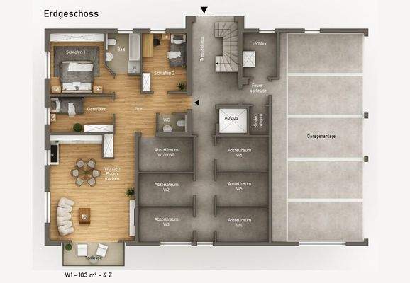 Grundriss EG - 1 Wohnung und Garagenanlage