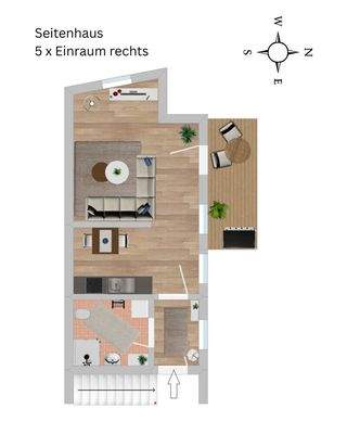 Seitenhaus, 1-Zi-Wohnung rechts