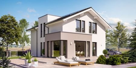 Hausidee_Living_Fertighaus_SUNSHINE_144_V4_Gartenansicht