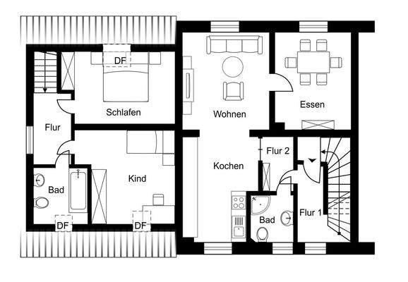 Grundriss (links: Dachgeschoss Anbau = Einfamilienhaus / rechts: Obergeschoss Zweifamilienhaus)