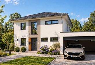 Modernes Einfamilienhaus mit blühendem Vorgarten