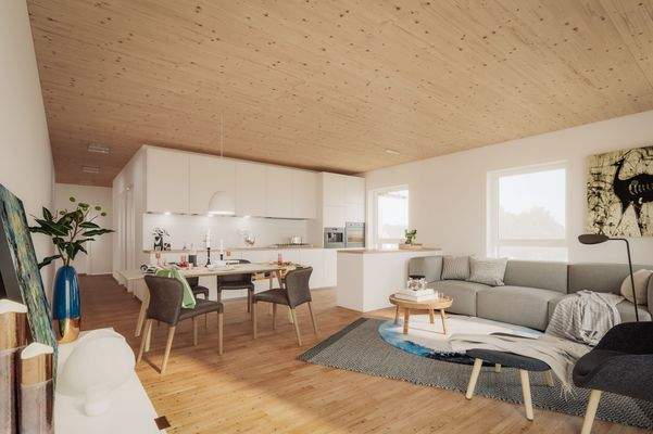 Wohnzimmer mit Ausblick zur Küche