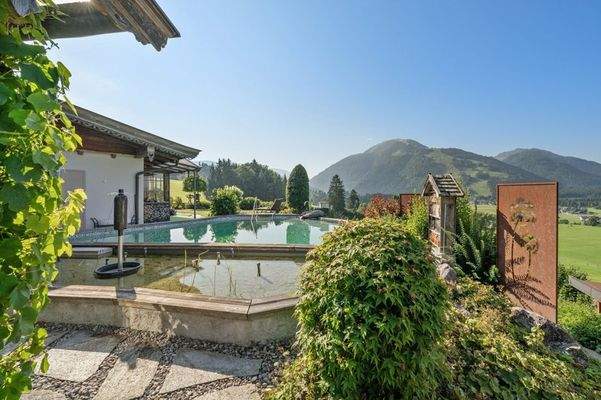 Bergpanorama beim Schwimmen im eigenen Schwimmteich