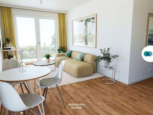 Ansicht II: Wohn- und Esszimmer mit offenem Küchenbereich