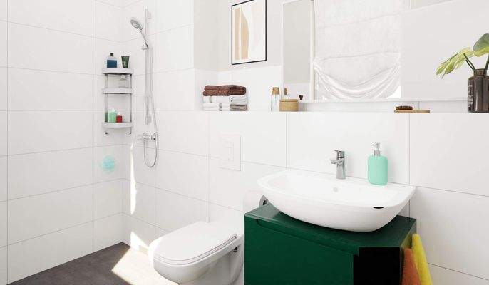 Ein modern gefliestes Badezimmer