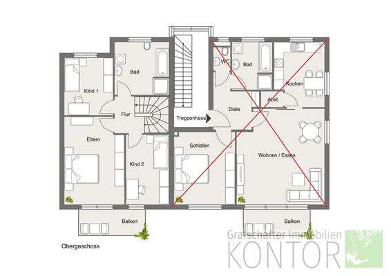 Obergeschoss (Die rot markierte Wohnung steht nicht zum Verkauf)